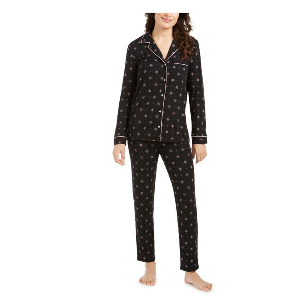 ALFANI Mens Black Elastic Band Button Up Top Straight leg Pants Pajamas M
